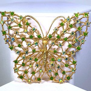 Butterfly Brooch Gold Tone Open Work Rhinestones Blue Green Vintage